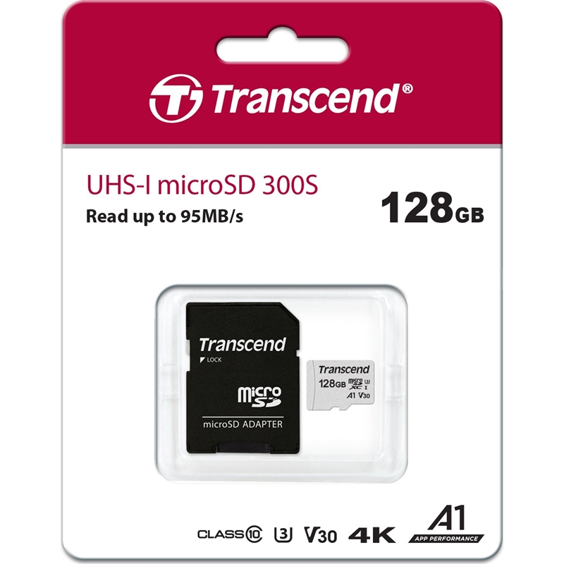 Transcend Memory microSDXC - Karta pamięci 128 GB A1 V30 UHS-I U3 95/40 MB/s z adapterem