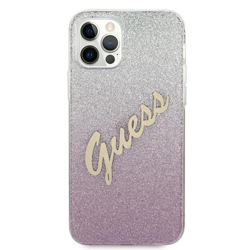Guess Glitter Gradient Script - Etui iPhone 12 / iPhone 12 Pro (różowy)