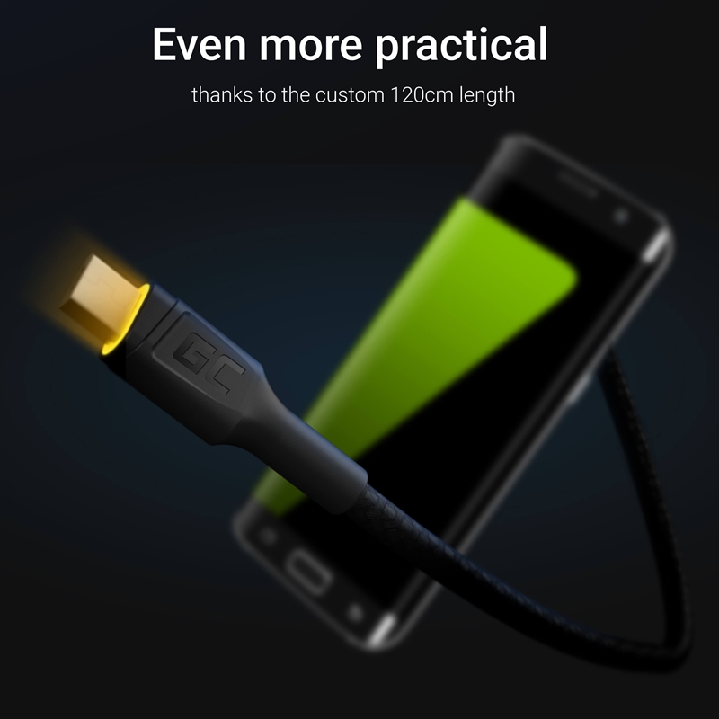 Green Cell Ray - Kabel Przewód USB - microUSB 120cm z żółtym podświetleniem LED, szybkie ładowanie Ultra Charge, QC3.0