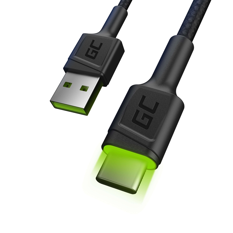 Green Cell Ray - Kabel Przewód USB - USB-C 120cm z zielonym podświetleniem LED i obsługą szybkiego ładowania Ultra Charge, QC 3.0