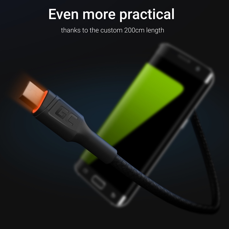 Green Cell Ray - Kabel Przewód USB - Micro USB 200cm z pomarańczowym podświetleniem LED, szybkie ładowanie Ultra Charge, QC 3.0
