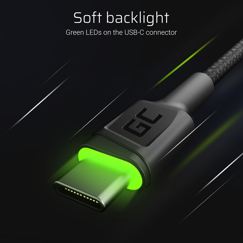 Green Cell Ray - Kabel Przewód USB - USB-C 200cm z zielonym podświetleniem LED, szybkie ładowanie Ultra Charge, QC 3.0