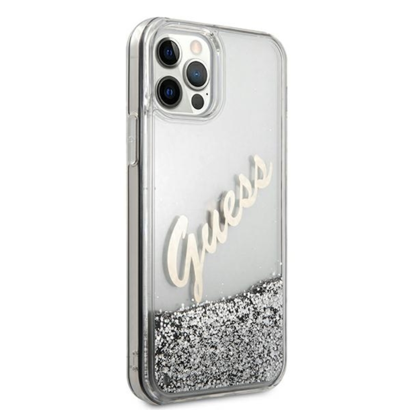 Guess Glitter Vintage Script - Etui iPhone 12 / iPhone 12 Pro (srebrny)