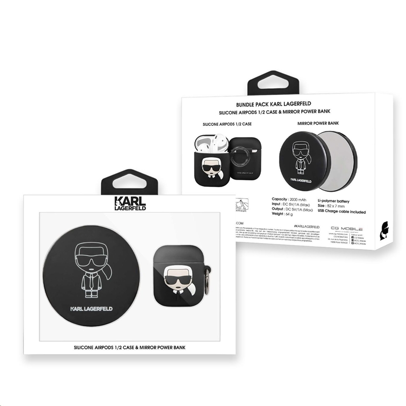 Karl Lagerfeld Bundle Ikonik – Zestaw etui do Apple Airpods 1 / 2 + Power Bank z lusterkiem