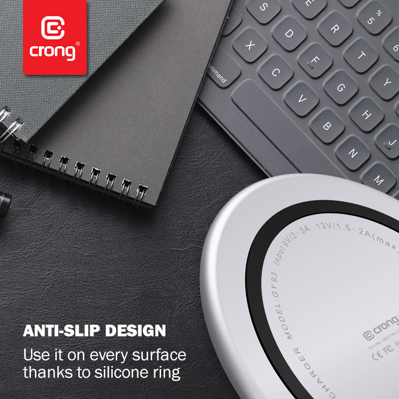 Crong PowerSpot Fast Wireless Charger – Aluminiowa ładowarka bezprzewodowa Qi 15W USB-C z powłoką ze szkła hartowanego (Silver White)