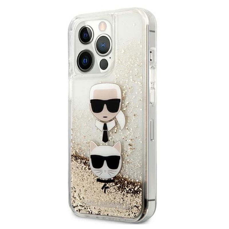 Karl Lagerfeld Liquid Glitter Karl & Choupette Head - Etui iPhone 13 Pro (złoty)