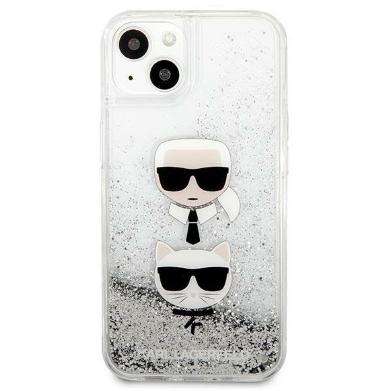 Karl Lagerfeld Liquid Glitter Karl & Choupette Head - Etui iPhone 13 (srebrny)
