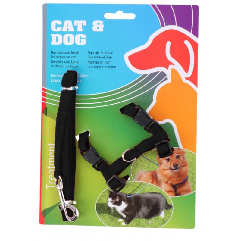 Uprząż nylonowa / szelki 30-40 cm dla psa lub kota + smycz 120 cm (czarny)