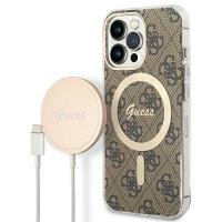Guess Bundle Pack MagSafe 4G - Zestaw etui + ładowarka MagSafe iPhone 13 Pro Max (brązowy/złoty)