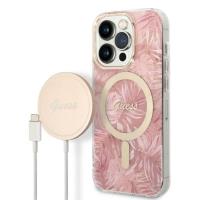 Guess Bundle Pack MagSafe IML Jungle - Zestaw etui + ładowarka MagSafe iPhone 14 Pro Max (różowy/złoty)