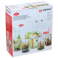 Alpina - Zestaw szklany kubek słoik do napojów ze słomką 4 szt. + karafka 1 L