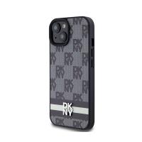 DKNY Leather Checkered Mono Pattern & Printed Stripes - Etui iPhone 15 Plus / 14 Plus (czarny)