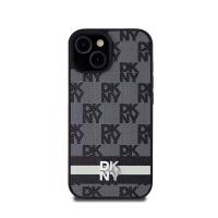 DKNY Leather Checkered Mono Pattern & Printed Stripes - Etui iPhone 15 Plus / 14 Plus (czarny)