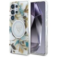 Guess Glitter Flowers Triangle Buttons MagSafe - Etui do Samsung Galaxy S25 Ultra (biały)