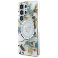 Guess Glitter Flowers Triangle Buttons MagSafe - Etui do Samsung Galaxy S25 Ultra (biały)