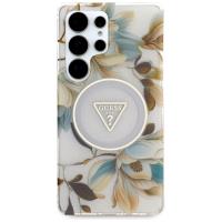 Guess Glitter Flowers Triangle Buttons MagSafe - Etui do Samsung Galaxy S25 Ultra (biały)