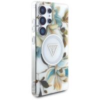 Guess Glitter Flowers Triangle Buttons MagSafe - Etui do Samsung Galaxy S25 Ultra (biały)