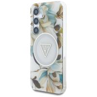 Guess Glitter Flowers Triangle Buttons MagSafe - Etui do Samsung Galaxy S25 (biały)