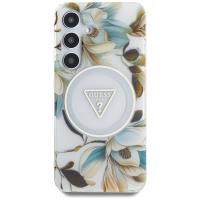 Guess Glitter Flowers Triangle Buttons MagSafe - Etui do Samsung Galaxy S25 (biały)