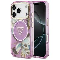 Guess IML Glitter Flowers Triangle MagSafe - Etui iPhone 17 Pro (fioletowy)