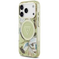 Guess IML Glitter Flowers Triangle MagSafe - Etui iPhone 17 Pro (zielony)