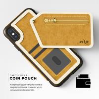 Zizo Nebula Wallet Case - Skórzane etui iPhone X z kieszeniami na karty + saszetka na zamek + szkło 9H na ekran (Light Brown/Brown)