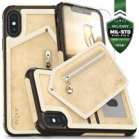 Zizo Nebula Wallet Case - Skórzane etui iPhone X z kieszeniami na karty + saszetka na zamek + szkło 9H na ekran (Tan/Brown)