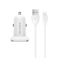 Borofone - ładowarka samochodowa 2x USB kabel Lightning w zestawie, biały