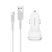 Borofone - ładowarka samochodowa 2x USB kabel USB-C w zestawie, biały