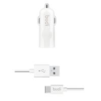 Budi - Ładowarka samochodowa USB + kabel USB-C (Biały)