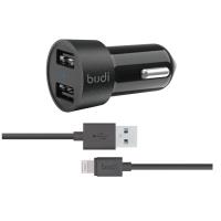 Budi - Ładowarka samochodowa 2x USB, 24W + kabel Lightning 1,2 m (Czarny)