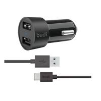 Budi - Ładowarka samochodowa 2x USB, 24W + kabel USB-C 1,2 m (Czarny)