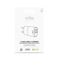 PURO White Mini Travel Fast Charger – Szybka ładowarka sieciowa 2 x USB-A 12 W, 2.4 A (biały)