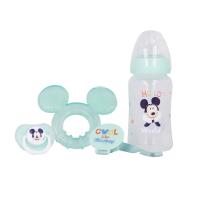 Mickey Mouse - Zestaw dla niemowlaka (butelka za smoczkiem 240ml, smoczek anatomiczny, gryzak, uchwyt na gryzak) (Cool)