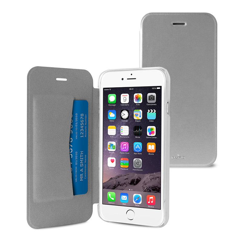 PURO Booklet Wallet Case - Etui iPhone 6s Plus / iPhone 6 Plus z kieszenią na kartę (srebrny/przezroczysty tył) PURO Booklet Wallet Case - Etui iPhone 6s Plus / iPhone 6 Plus z kieszenią na kartę (srebrny/przezroczysty tył)
