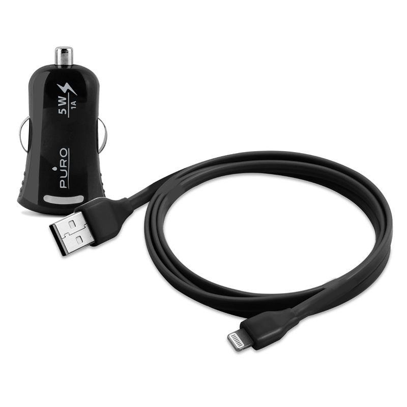 PURO Mini ładowarka samochodowa Apple 1A z płaskim, odpinanym kablem Lightning MFi (czarny) PURO Mini ładowarka samochodowa Apple 1A z płaskim, odpinanym kablem Lightning MFi (czarny)
