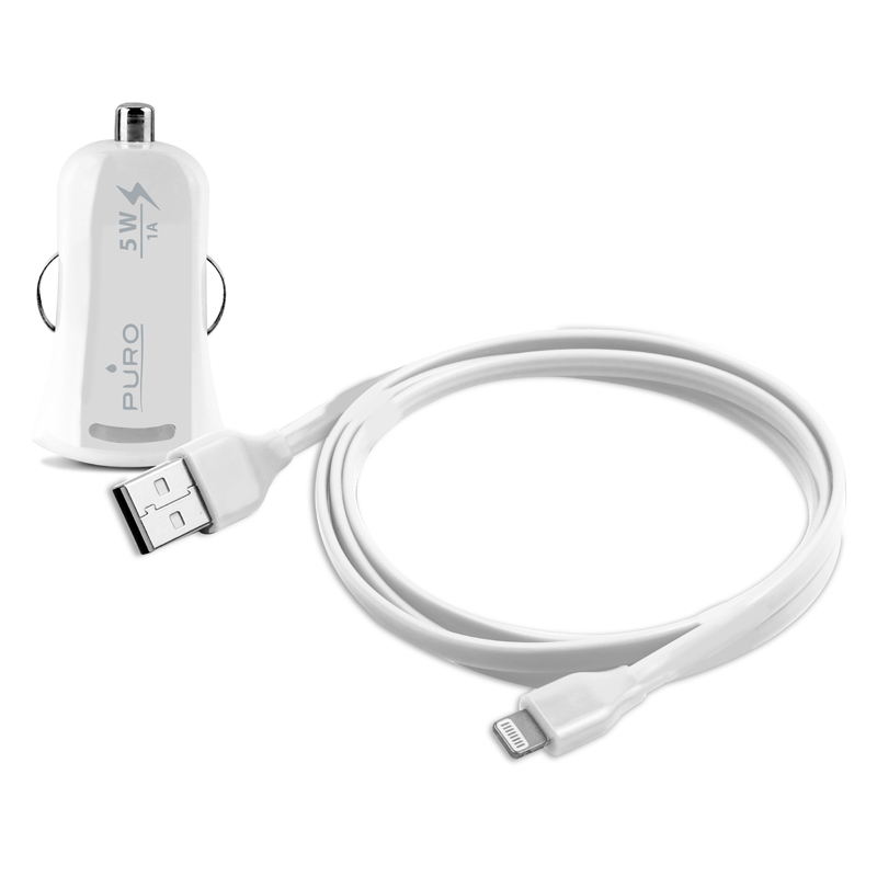 PURO Mini ładowarka samochodowa Apple 1A z płaskim, odpinanym kablem Lightning MFi (biały) PURO Mini ładowarka samochodowa Apple 1A z płaskim, odpinanym kablem Lightning MFi (biały)