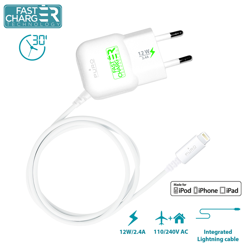 PURO Mini Travel Fast Charger - Ładowarka Apple 2.4 A złącze Lightning MFi (biały) PURO Mini Travel Fast Charger - Ładowarka Apple 2.4 A złącze Lightning MFi (biały)