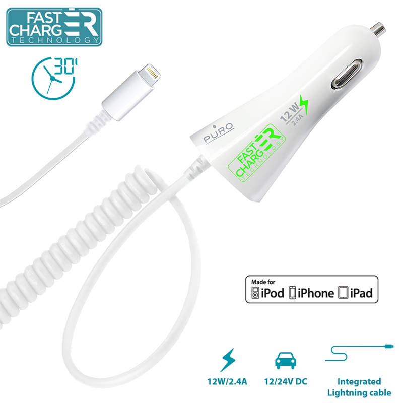 PURO Car Fast Charger - Ładowarka samochodowa Apple 2.4 A złącze Lightning MFi (biały) PURO Car Fast Charger - Ładowarka samochodowa Apple 2.4 A złącze Lightning MFi (biały)