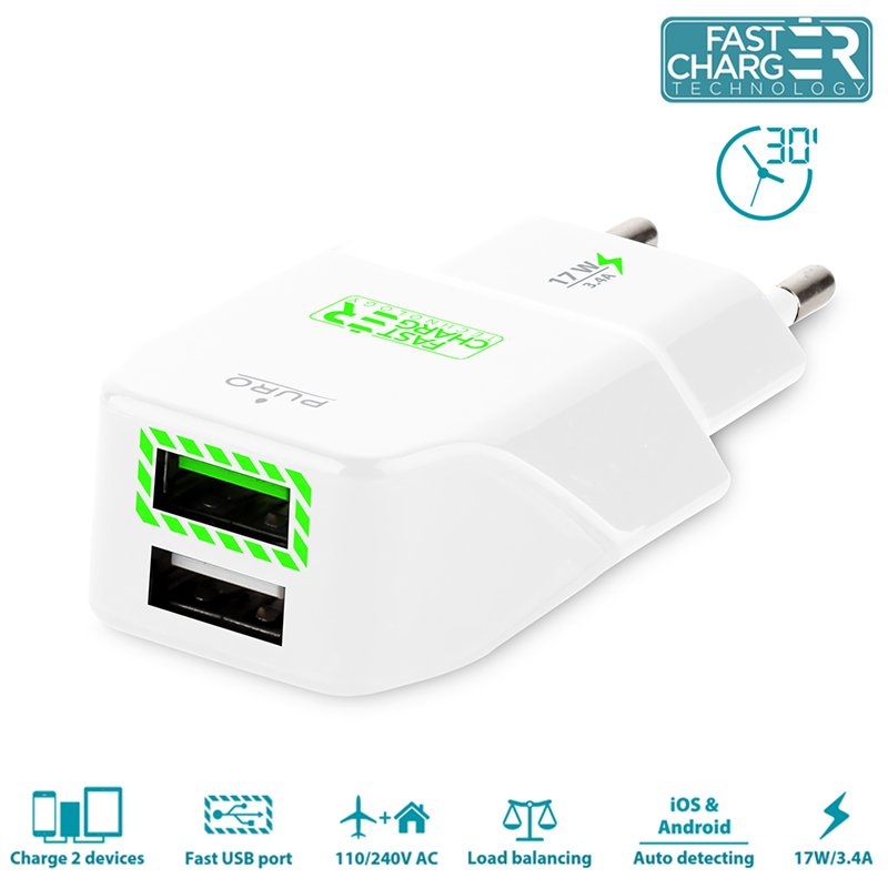 PURO Travel Fast Charger - Przenośna ładowarka sieciowa 2 x USB, 3.4 A z niebieskim podświetleniem LED (biały) PURO Travel Fast Charger - Przenośna ładowarka sieciowa 2 x USB, 3.4 A z niebieskim podświetleniem LED (biały)