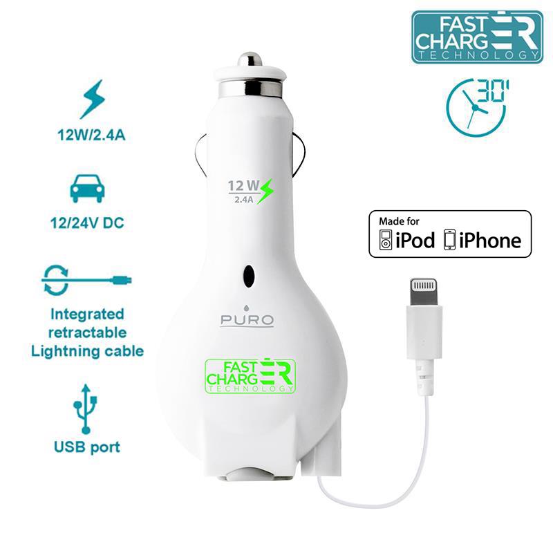 PURO Car Fast Charger - Ładowarka samochodowa Apple ze zwijanym kablem 2.4 A złącze Lightning MFi (biały) PURO Car Fast Charger - Ładowarka samochodowa Apple ze zwijanym kablem 2.4 A złącze Lightning MFi (biały)