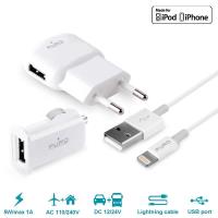 PURO Kit 3 in 1 Mini TravelCharger - Zestaw ładowarka samochodowa + sieciowa + kabel Lightning MFi (biały) PURO Kit 3 in 1 Mini TravelCharger - Zestaw ładowarka samochodowa + sieciowa + kabel Lightning MFi (biały)