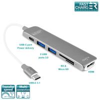PURO Type-C HUB - Wieloportowy adapter z USB-C 3.1, 2 x USB 3.0, SD & Micro SD, HDMI oraz USB-C PD (srebrny)