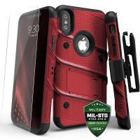 Zizo Bolt Cover - Pancerne etui iPhone X szkłem 9H na ekran + podstawka & uchwyt do paska (Red/Black)