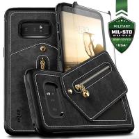 Zizo Nebula Wallet Case - Skórzane etui Samsung Galaxy Note 8 (2017) z kieszeniami na karty + saszetka na zamek + szkło 9H na ekran (Black/Black)