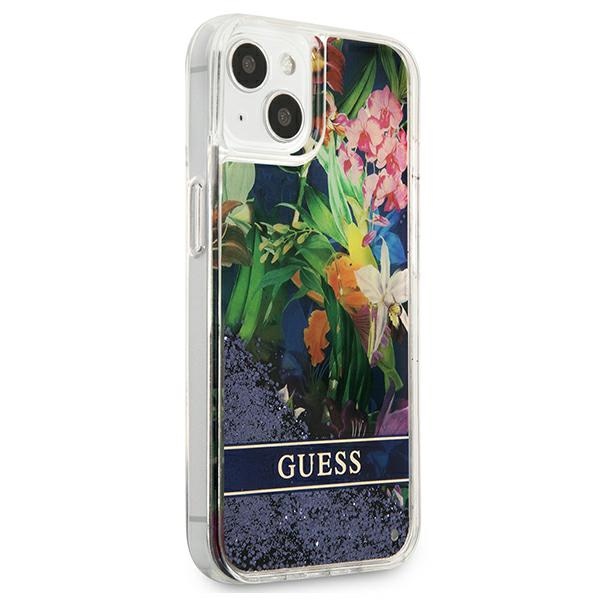Guess Liquid Glitter Flower – Etui iPhone 13 mini (niebieski)