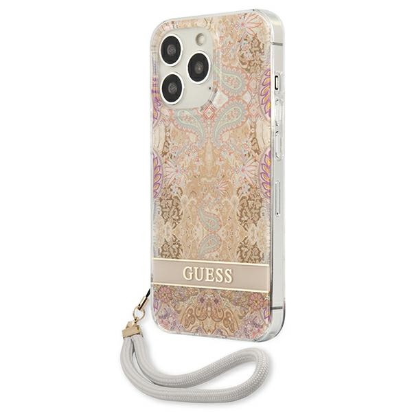 Guess Flower Cord - Etui ze smyczką iPhone 13 Pro Max (Gold)