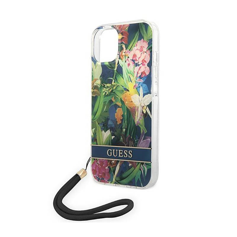 Guess Flower Cord - Etui ze smyczką iPhone 14 Plus (niebieski)