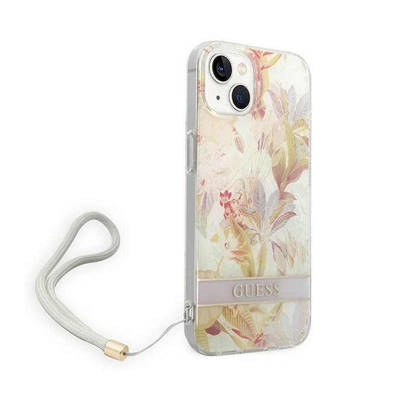 Guess Flower Cord - Etui ze smyczką iPhone 14 Plus (fioletowy)