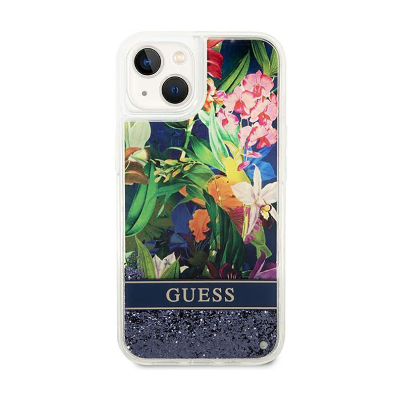 Guess Liquid Glitter Flower – Etui iPhone 14 Plus (niebieski)